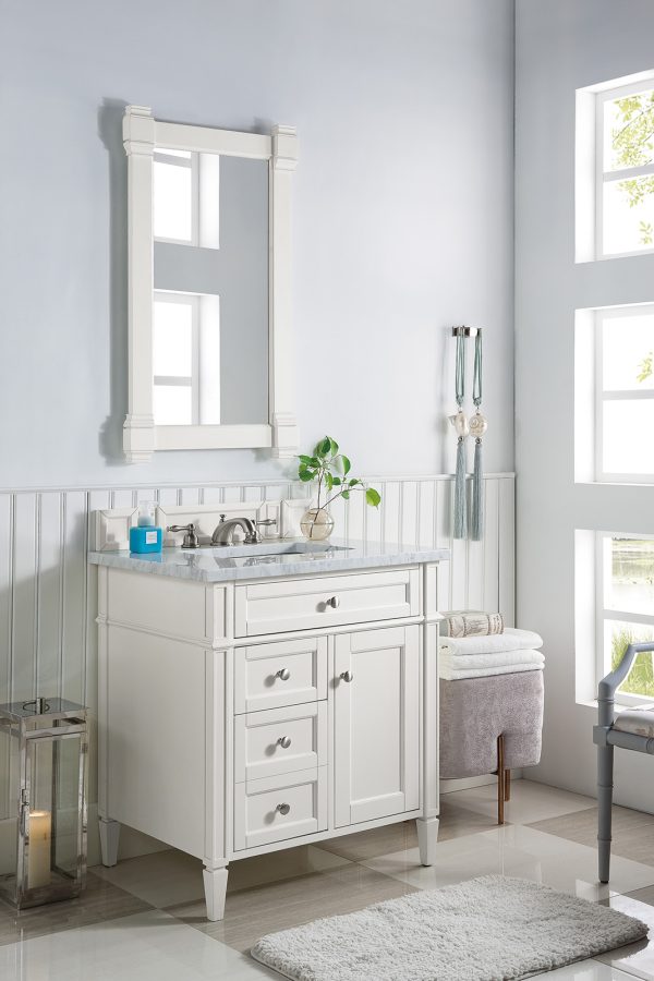 Brittany 30 inch Bathroom Vanity in Bright White With Carrara Marble Top 