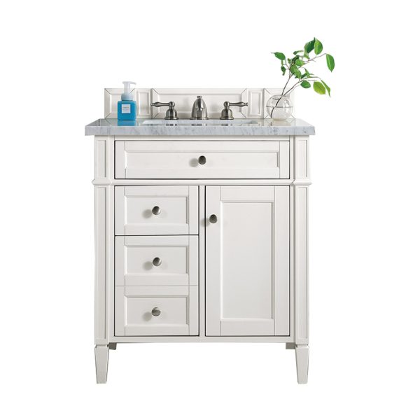 Brittany 30 inch Bathroom Vanity in Bright White With Carrara Marble Top 
