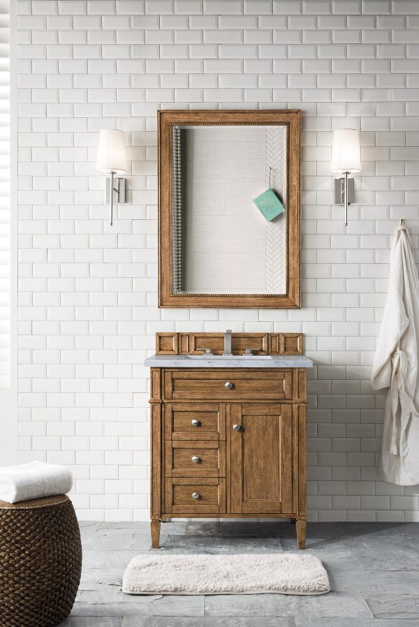Brittany 30 inch Bathroom Vanity in Saddle Brown With Carrara Marble Top 