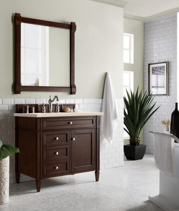 Brittany 36 inch Bathroom Vanity in Burnished Mahogany With Eternal Marfil Quartz Top