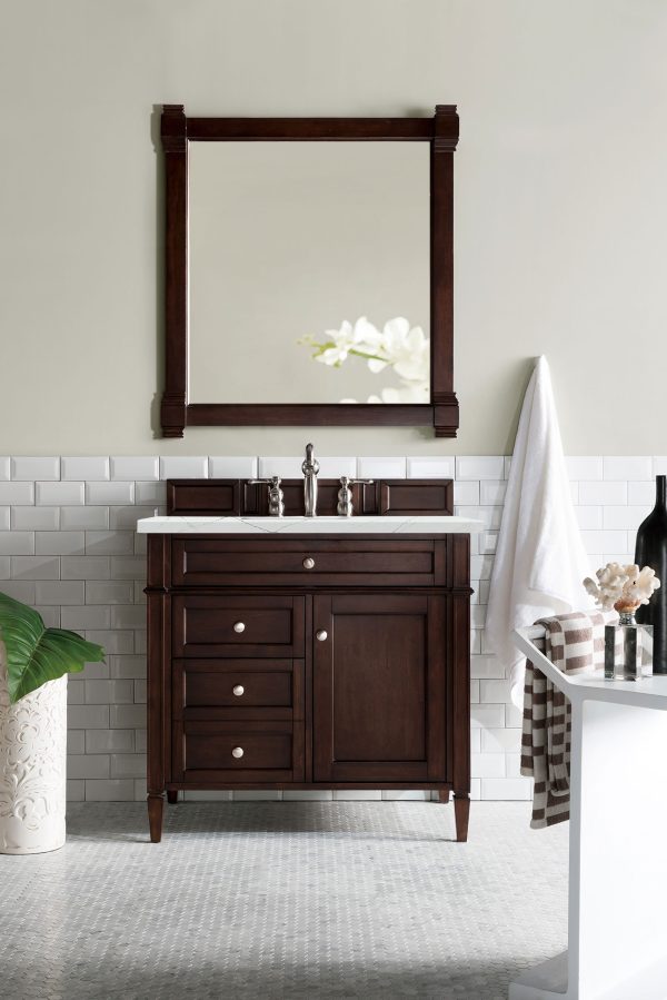 Brittany 36 inch Bathroom Vanity in Burnished Mahogany With Ethereal Noctis Quartz Top