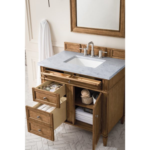 Brittany 36 inch Bathroom Vanity in Saddle Brown With Arctic Fall Quartz Top