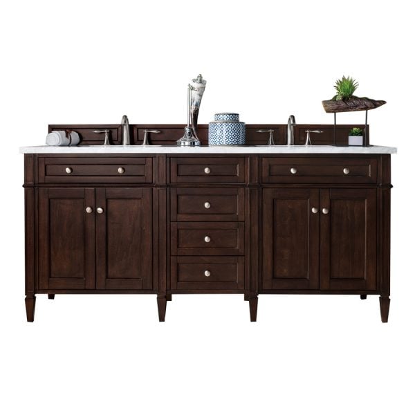 Brittany 72" Double Vanity in Burnished Mahogany with Arctic Fall Solid Surface Top