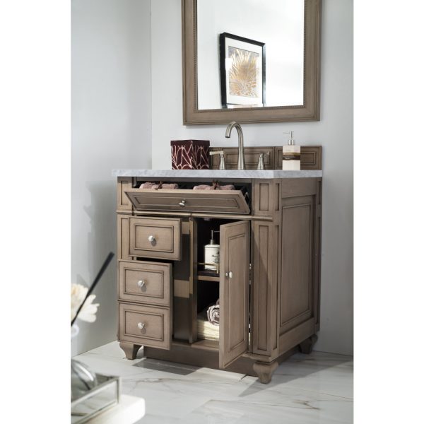 Bristol 30" Single Vanity in Whitewashed Walnut with Carrara Marble Top