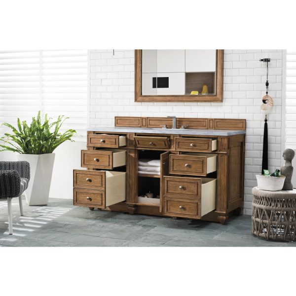 Bristol 60" Single Vanity in Saddle Brown with Eternal Jasmine Pearl Quartz Top was designed for maximum storage space and maximum ease of use.