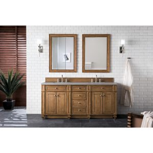 Bristol 72" Double Vanity in Saddle Brown with Grey Expo Quartz Top was designed for maximum storage space and maximum ease of use.