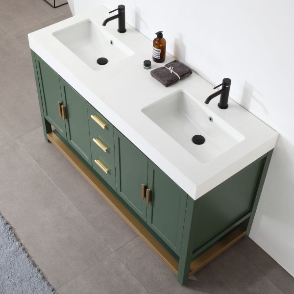 Revival 60″ Forest Green Freestanding Bathroom Vanity, White Countertop