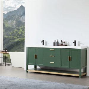 Revival 72″ Forest Green Freestanding Bathroom Vanity, White Countertop
