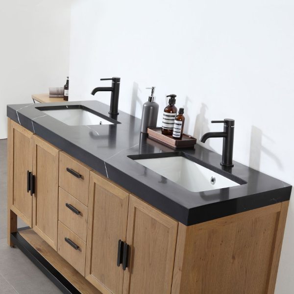 Revival 60" Pecan Oak Freestanding Bathroom Vanity, Black Countertop