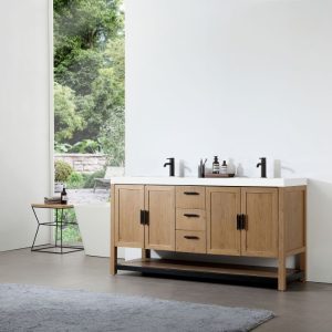 Revival 60″ Pecan Oak Freestanding Bathroom Vanity, White Countertop