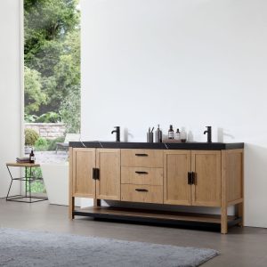Revival 72″ Pecan Oak Freestanding Bathroom Vanity, Black Countertop