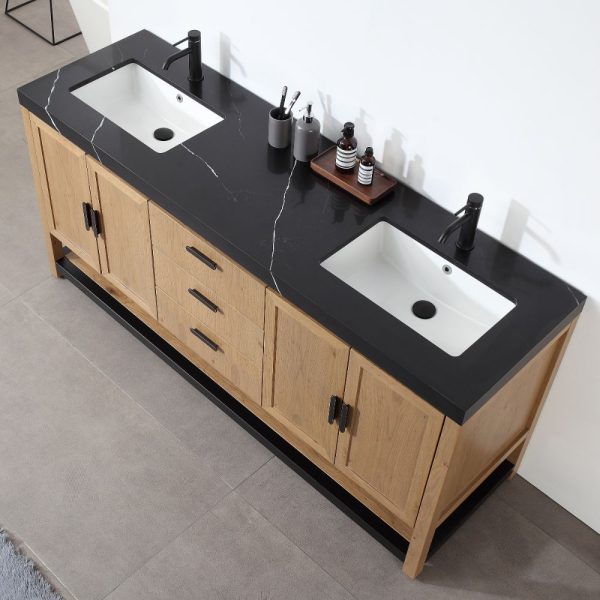 Revival 72″ Pecan Oak Freestanding Bathroom Vanity, Black Countertop
