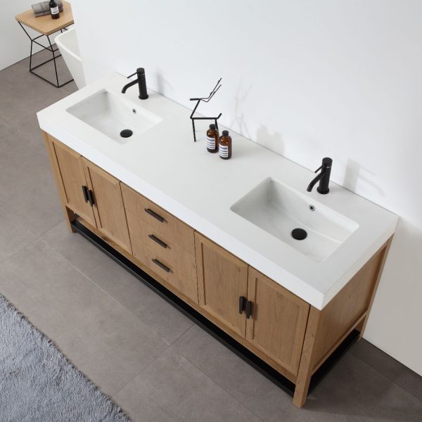 Revival 72″ Pecan Oak Freestanding Bathroom Vanity, White Countertop
