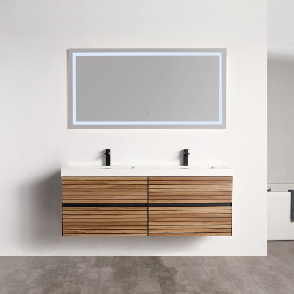 Annecy 60″ Wall Mount Bathroom Vanity in Maple Strip With Double Sink