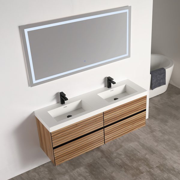 Annecy 60″ Wall Mount Bathroom Vanity in Maple Strip With Double Sink