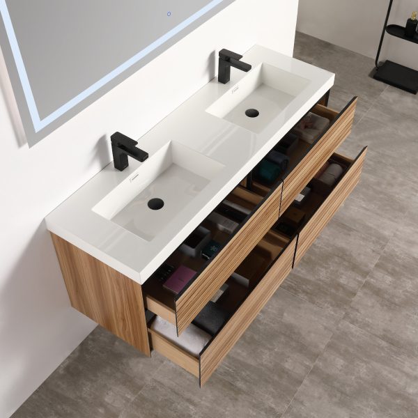 Annecy 60″ Wall Mount Bathroom Vanity in Maple Strip With Double Sink