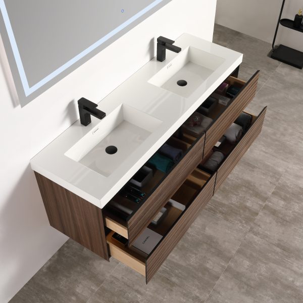 Annecy 60″ Wall Mount Bathroom Vanity in Dark Walnut Strip With Double Sink