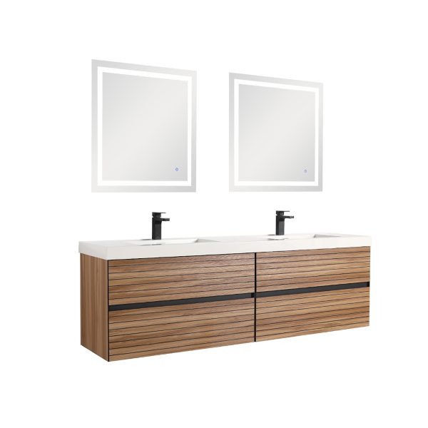 Annecy 72″ Wall Mount Bathroom Vanity in Maple Strip With Double Sink