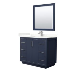 Icon 42 Inch Single Bathroom Vanity in Dark Blue, Giotto Quartz Countertop, Undermount Square Sink (1-Hole), Brushed Nickel Trim, 34 Inch Mirror
