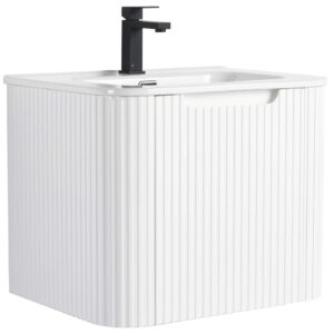 The Caskvalley 24 Wall Mounted Bathroom Vanity With Sink features a sleek modern design, vertical grooves, and a curved rectangular shape. Accented with a black single-handle faucet and integrated front handle, it blends style and functionality for any contemporary bathroom.