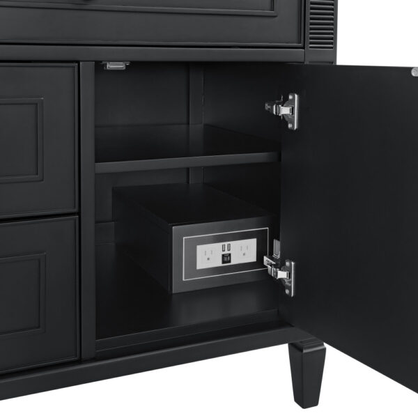 The Lorelai 36 inch Bathroom Vanity Cabinet boasts a sleek design with an open black cabinet. Behind its partly open door, a secure safe nests on the bottom shelf. Standing on four short legs, it seamlessly blends style and functionality for your bathroom space.