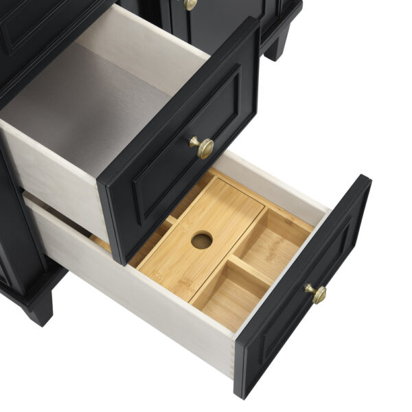 A black wooden Lorelai 36-inch Bathroom Vanity Cabinet features multiple drawers, with two open to show a light wood interior—the top is empty, and the bottom has dividers and a round hole for cable management.